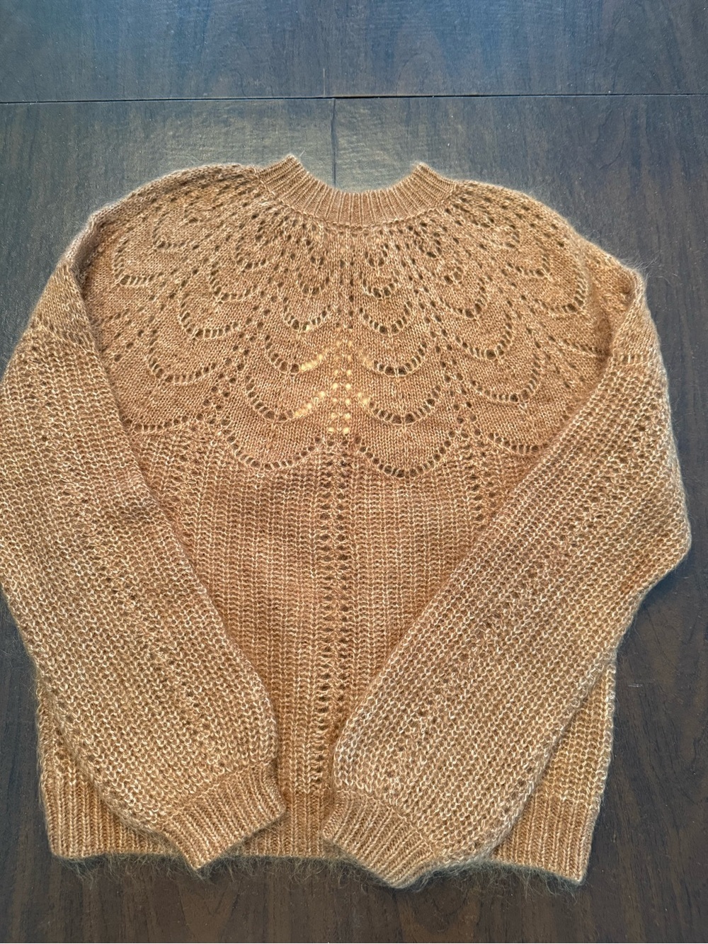 Sezane Camel Lace-Yoke Crewneck Sweater
